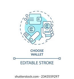 2D editable choose wallet thin line icon concept, isolated vector, blue illustration representing digital currency.