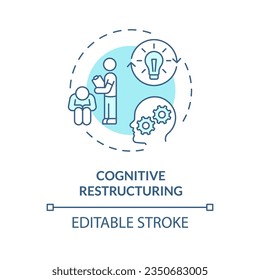 Reestructuración cognitiva editable 2D concepto de icono de línea delgada azul, vector aislado, ilustración monocromática representando terapia conductual.