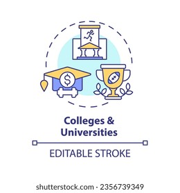 Colegios editables 2D y universidades concepto de ícono de línea delgada, vector aislado, ilustración multicolor que representa la erudición atlética.