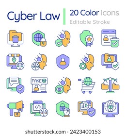 2D editable colorful big thin line icons set representing cyber law, isolated vector, linear illustration.