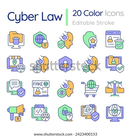 2D editable colorful big thin line icons set representing cyber law, isolated vector, linear illustration.