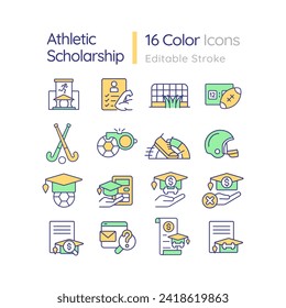 2D editable colorful thin line icons set representing athletic scholarship, isolated vector, linear illustration.