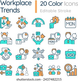 2D editable colorful thin line icons set representing workplace trends, isolated simple vector, linear illustration.