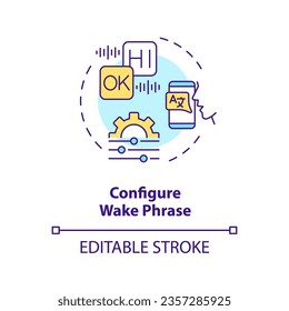 2D editable configure wake process thin line icon concept, isolated vector, multicolor illustration representing voice assistant.