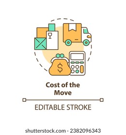 2D bearbeitbare Kosten des Umzugssymbol, der bewegte Dienst darstellt, einfache einzelne Vektorgrafik, mehrfarbige Dünnzeilengrafik.