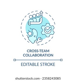 2D editable cross-team collaboration icon representing AI ops, isolated vector, blue thin line illustration.