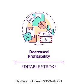 2D editable disminución de rentabilidad concepto de icono de línea delgada, vector aislado, ilustración multicolor que representa sobreproducción.