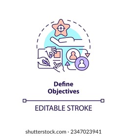 2D editable define objectives thin line icon concept, isolated vector, multicolor illustration representing knowledge management.
