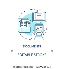 2D editable documents thin line blue icon concept, isolated vector, monochromatic illustration representing knowledge management.