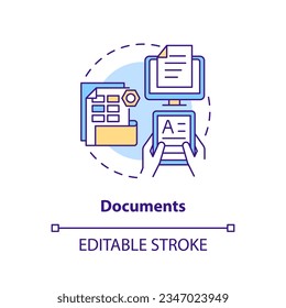 Documentos editables 2D concepto de icono de línea delgada, vector aislado, ilustración multicolor que representa la gestión del conocimiento.