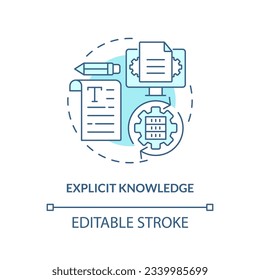 2D editable explicit knowledge thin line blue icon concept, isolated vector, monochromatic illustration representing knowledge management.