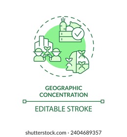 Icono de concentración geográfica verde editable en 2D, vector aislado monocromático, ilustración de línea delgada que representa conglomerados agrícolas.