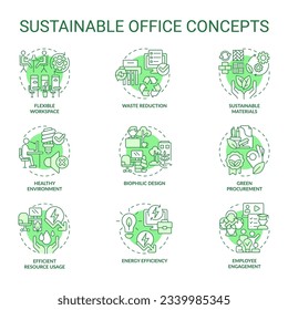 2D editable green icons set representing sustainable office concepts, isolated vector, thin line monochromatic illustration.