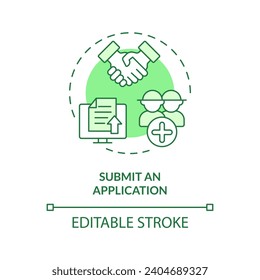 2D editable green submit an application icon, monochromatic isolated vector, thin line illustration representing agricultural clusters.