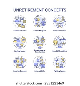 2D editable icons set representing unretirement concepts, isolated vector, thin line colorful illustration.