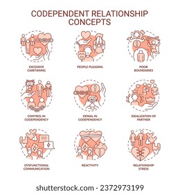 2D editable icons set representing codependent relationship concepts, monochromatic isolated vector, thin line red illustration.