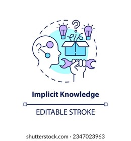 2D editable implicit knowledge thin line icon concept, isolated vector, multicolor illustration representing knowledge management.