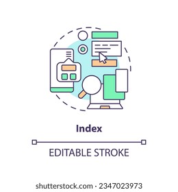 2D editable index thin line icon concept, isolated vector, multicolor illustration representing knowledge management.