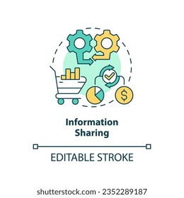 Información editable en 2D compartiendo el concepto de icono de línea delgada, vector aislado, ilustración multicolor que representa la gestión de proveedores.