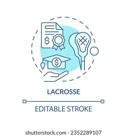 Concepto de icono de línea delgada azul lacrosse editable en 2D, vector aislado, ilustración que representa la beca atlética.