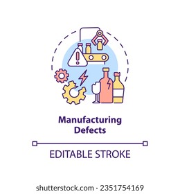 2D editable manufacturing defects thin line icon concept, isolated vector, multicolor illustration representing product liability.