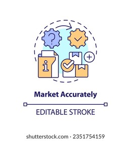 2D mercado editable con precisión concepto de icono de línea delgada, vector aislado, ilustración multicolor que representa la responsabilidad del producto.
