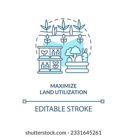 2D editable maximize land utilization icon representing vertical farming and hydroponics concept, isolated vector, thin line illustration.