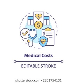 2D costo médico editable concepto de icono de línea delgada, vector aislado, ilustración multicolor que representa la responsabilidad del producto.