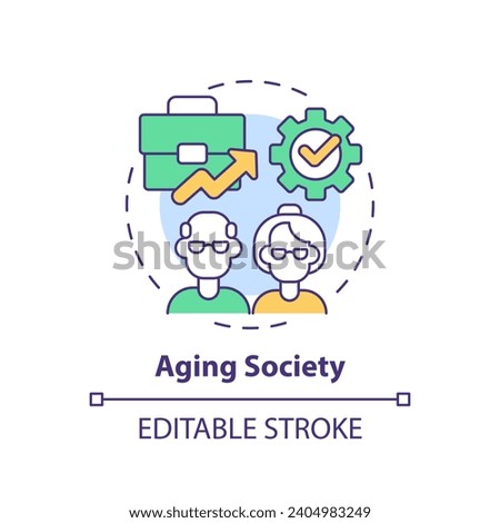 2D editable multicolor aging society icon, simple isolated vector, thin line illustration representing workplace trends.