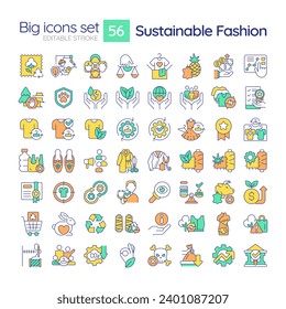 Iconos 2D editables multicolor de línea grande conjunto que representan moda sostenible, vector aislado, ilustración lineal.