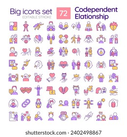 2D editable multicolor big line icons set representing codependent relationship, simple isolated vector, linear illustration.