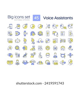 2D editable multicolor big line icons set representing voice assistant, isolated vector, linear illustration.