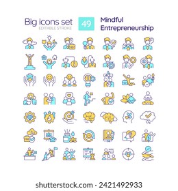 2D editable multicolor big line icons set representing mindful entrepreneurship, isolated vector, linear illustration.