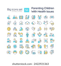 2D editable multicolor big line icons set representing parenting children, simple isolated vector, linear illustration.