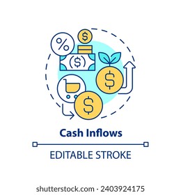 2D editable multicolor cash inflows icon, simple isolated vector, thin line illustration representing cash flow management.