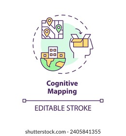 2D editable multicolor cognitive mapping icon, simple isolated vector, thin line illustration representing environmental psychology.