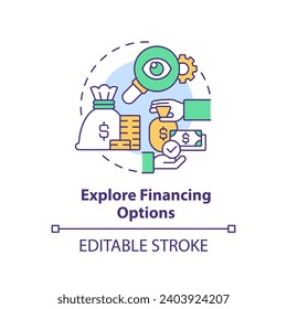 2D editable multicolor explore financing options icon, simple isolated vector, thin line illustration representing cash flow management.