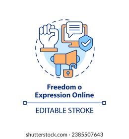 2D editable multicolor freedom of expression online icon, simple isolated vector, cyber law thin line illustration.