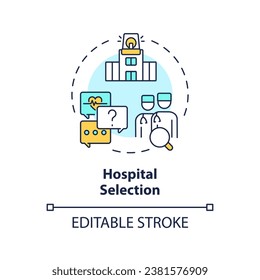 Icono de selección de hospital 2D editable multicolor, vector aislado simple, ilustración de línea delgada del turismo médico.