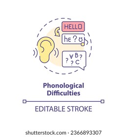 2D editable multicolor icon phonological difficulties concept, simple isolated vector, dyslexia thin line illustration.