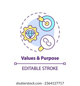 2D editable multicolor icon values and purpose concept, isolated vector, mindful entrepreneurship thin line illustration.