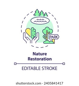 2D editable multicolor nature restoration icon, simple isolated vector, thin line illustration representing environmental psychology.