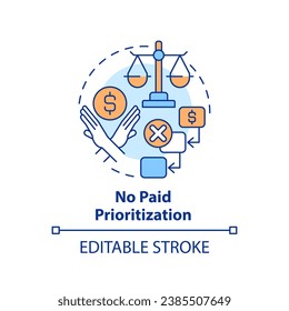 2D editable multicolor no paid prioritization icon, simple isolated vector, cyber law thin line illustration.