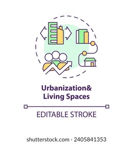 Icono 2D editable de urbanización multicolor y espacios vivos, simple vector aislado, ilustración de línea delgada que representa la psicología ambiental.