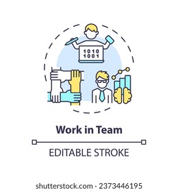 2D editable multicolor work in team icon, simple isolated vector, AI engineer thin line illustration.