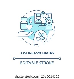 2D editable online psychiatry thin line blue icon concept, isolated vector, monochromatic illustration representing online therapy.