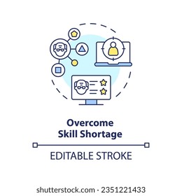 2D editable superar la escasez de habilidades el concepto de icono de línea delgada, vector aislado, ilustración multicolor que representa la no jubilación.