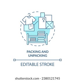 2D editable packing and unpacking icon representing moving service, monochromatic isolated vector, blue thin line illustration.
