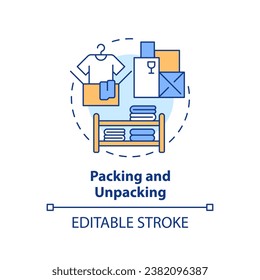 2D editable packing and unpacking icon representing moving service, simple isolated vector, multicolor thin line illustration.