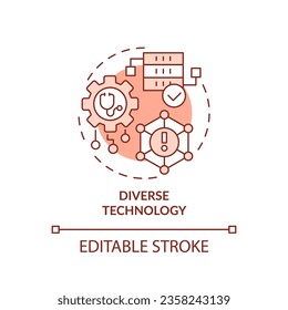 2D editable red icon diverse technology concept, isolated monochromatic vector, health interoperability resources thin line illustration.